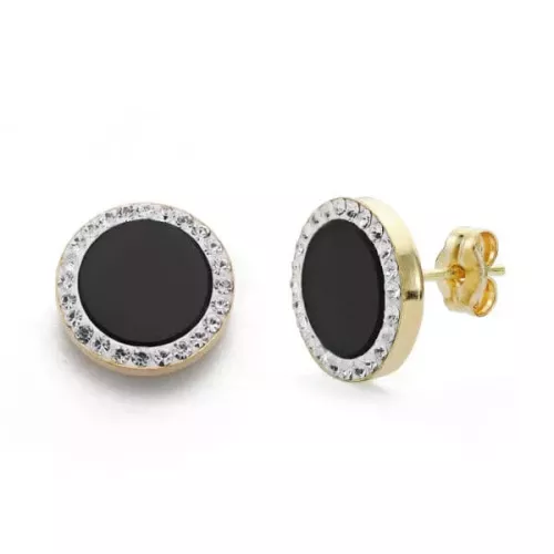 9K PENDIENTES ORO BICOLOR ONIX Y CIRCONITA 11 MM CIERRE PRESION 0