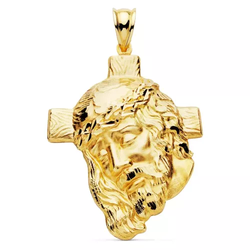 18K COLGANTE ORO AMARILLO CABEZA DE CRISTO CON CRUZ TALLADA 40X30 MM 7