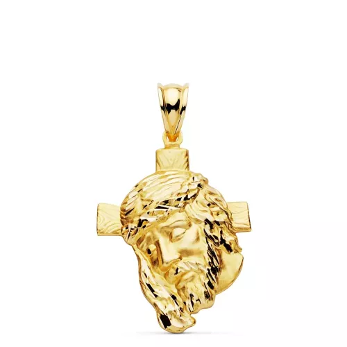 18K COLGANTE ORO AMARILLO CABEZA DE CRISTO CRUZ 31X21 MM 3