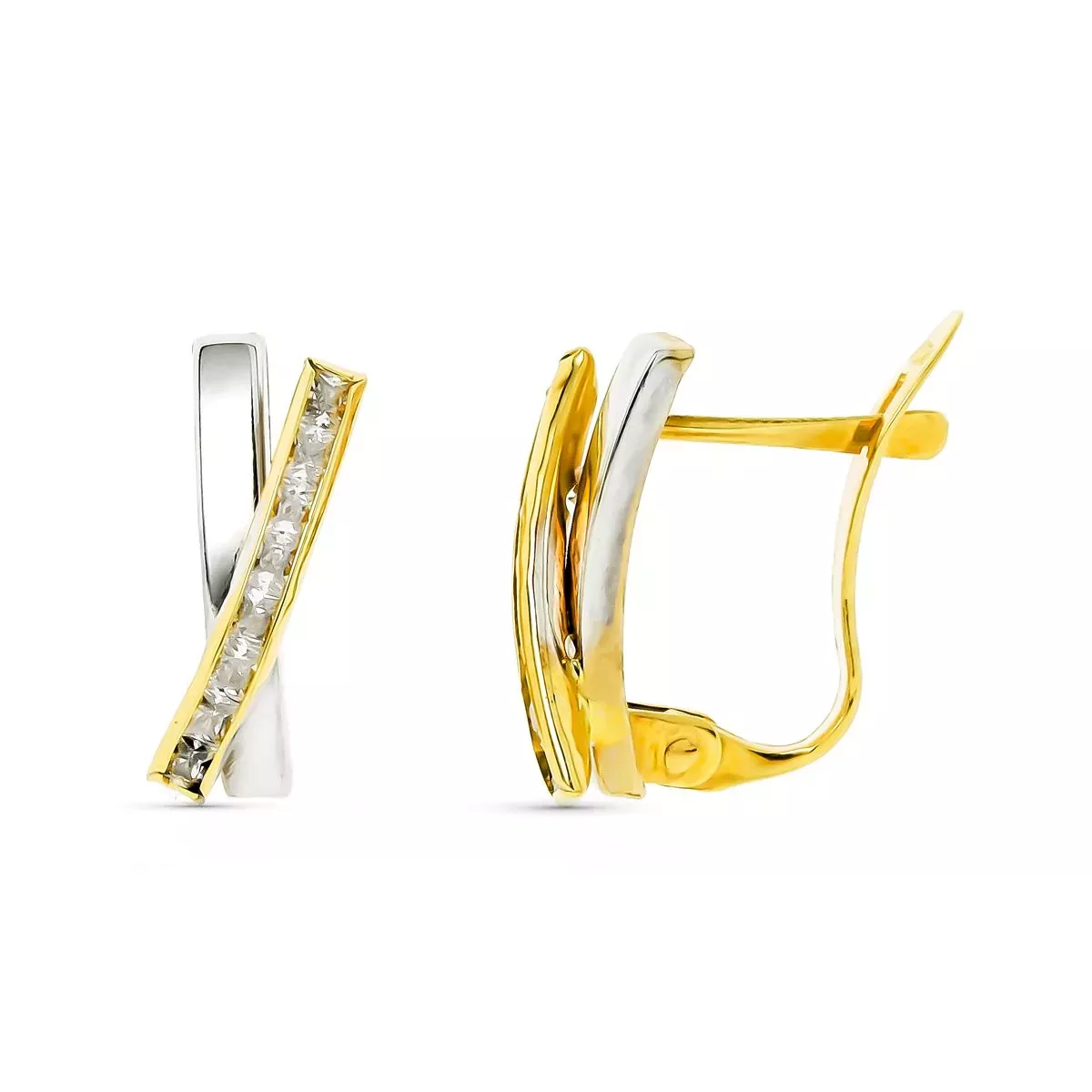 9K PENDIENTES ORO BICOLOR BANDAS CON CIRCONITA 12X6 MM CIERRE CATALAN 0