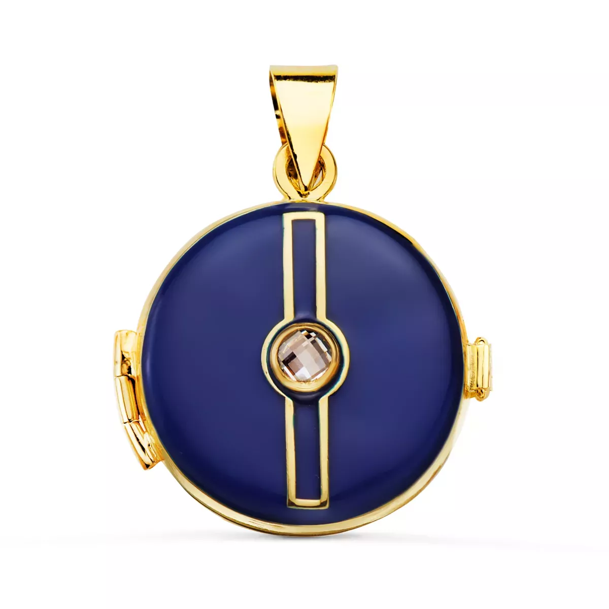 18K COLGANTE ORO AMARILLO GUARDAPELO DIJE PORTAFOTOS REDONDO ESMALTE AZUL CIRCONITA 4MM. MEDIDA: 21 MM 4