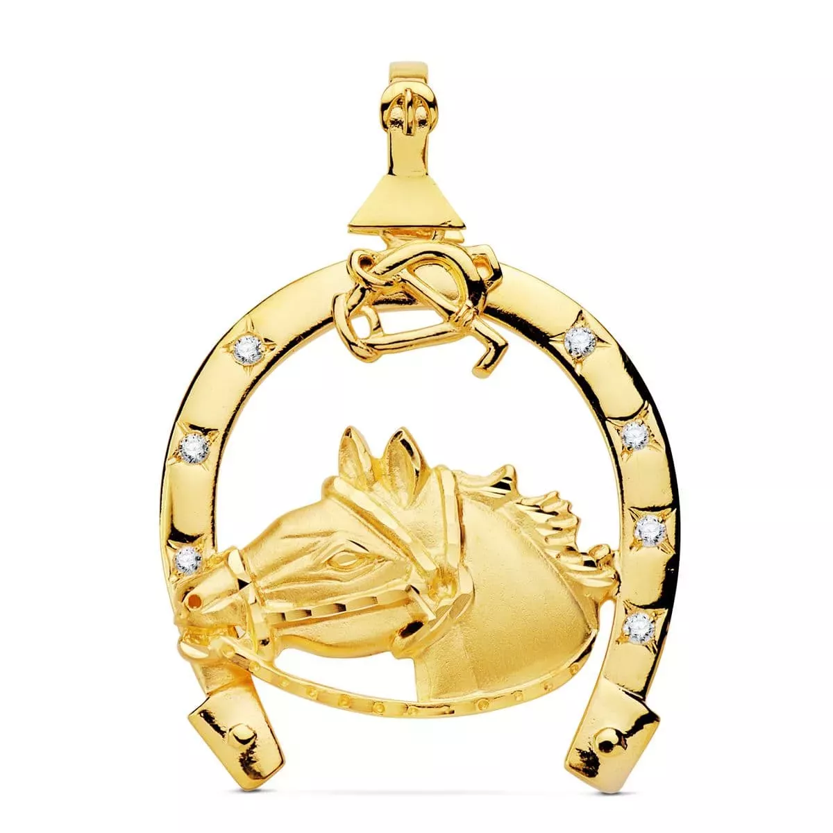 18K COLGANTE ORO AMARILLO HERRADURA CIRCONITA CON CABALLO 42X39 MM 13