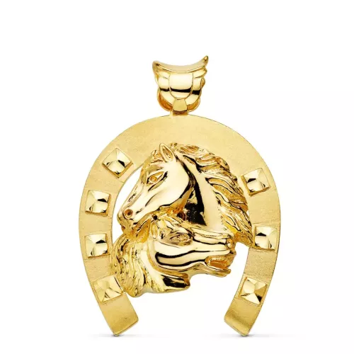 18K COLGANTE ORO AMARILLO HERRADURA CON CABALLOS 50X44 MM 42