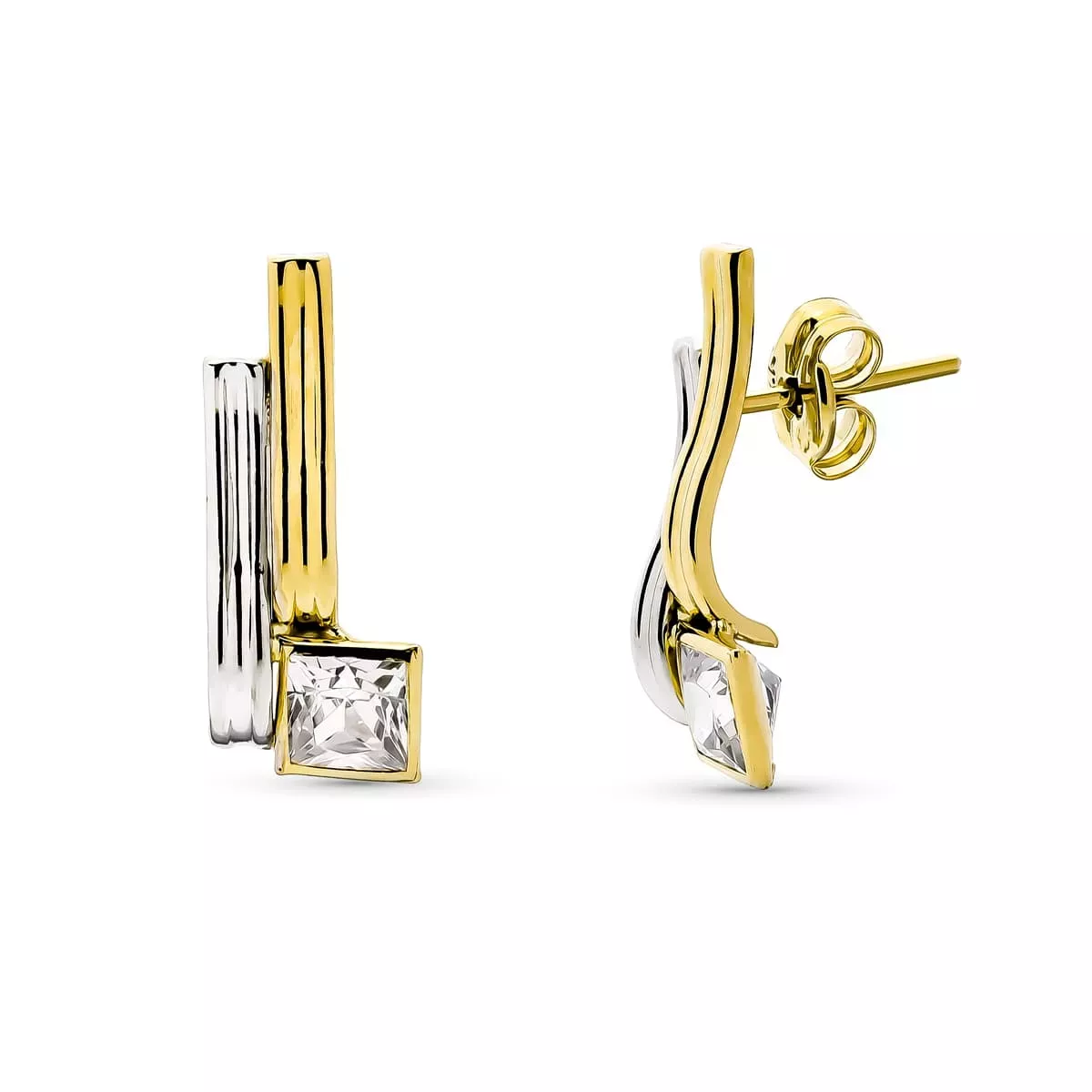 9K PENDIENTES ORO BICOLOR BANDAS CIRCONITA 16X7 MM CIERRE PRESION 0