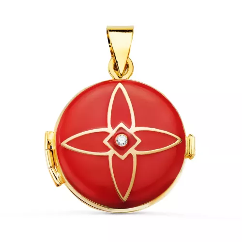 18K PORTAFOTOS COLGANTE ORO AMARILLO GUARDAPELO DIJE REDONDO ESMALTE ROJO DIAMANTE 0.035 QTES. 21 MM 4