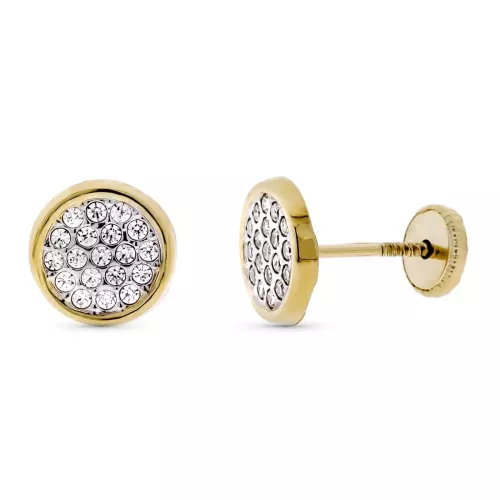 9K PENDIENTES ORO BICOLOR CIRCONITA REDONDOS 8 MM. CIERRE TUERCA 0,54gr