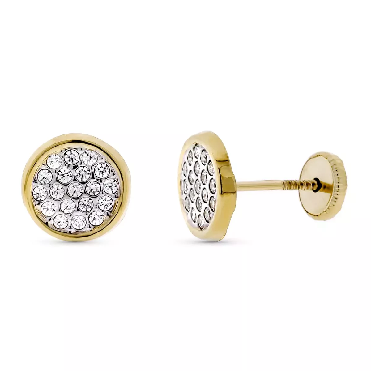 9K PENDIENTES ORO BICOLOR CIRCONITA REDONDOS 8 MM. CIERRE TUERCA 0