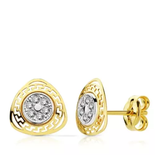 9K PENDIENTES ORO BICOLOR TRIANGULO CALADO GRECA CON CIRCONITAS. 8 X 8 MM 0