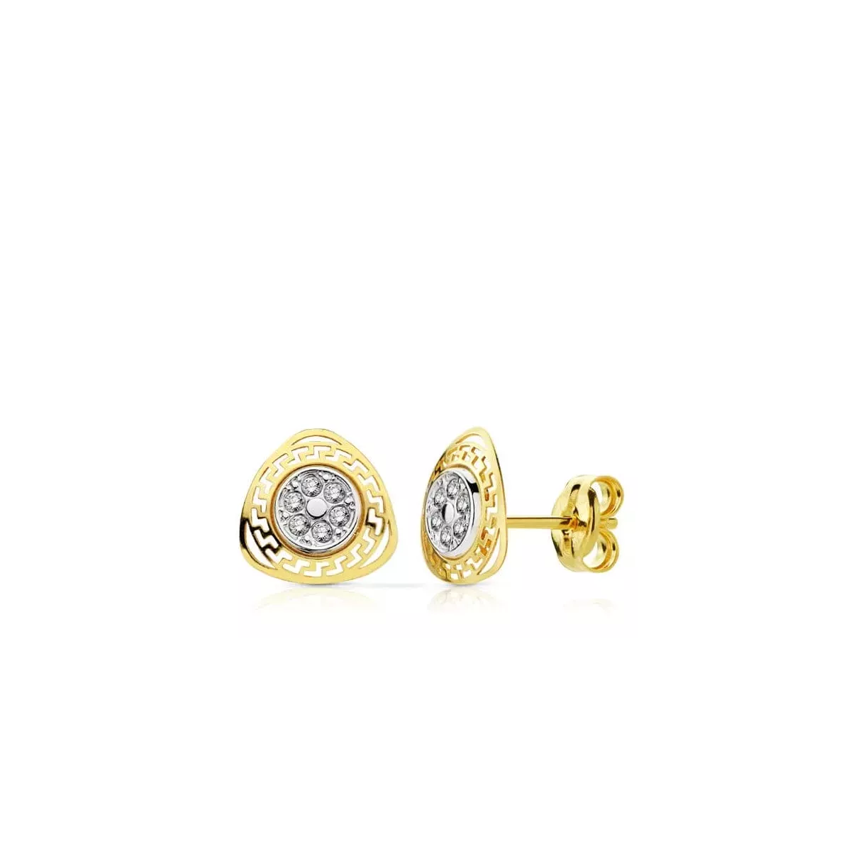 9K PENDIENTES ORO BICOLOR TRIANGULO CALADO GRECA CON CIRCONITAS. 8 X 8 MM 0