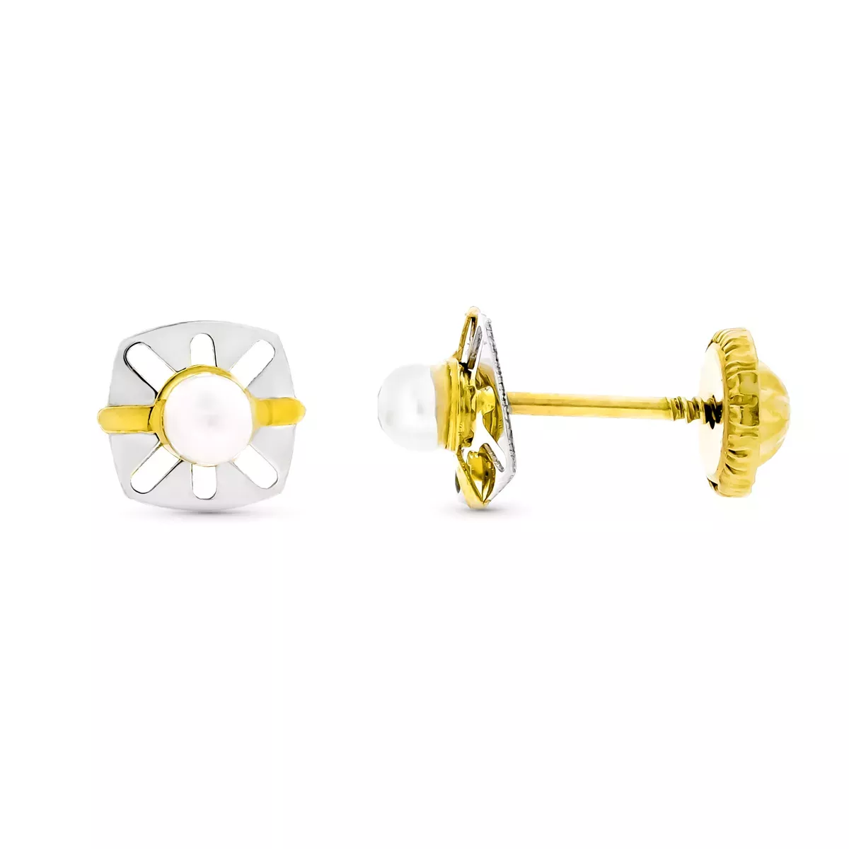 9K PENDIENTES ORO BICOLOR CALADOS CON PERLA 6X5 MM CIERRE TUERCA 0