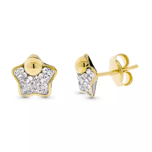 9K PENDIENTES ORO BICOLOR ESTRELLA PIEDRA Y 1/2 BOLA 7MM PRESION 0