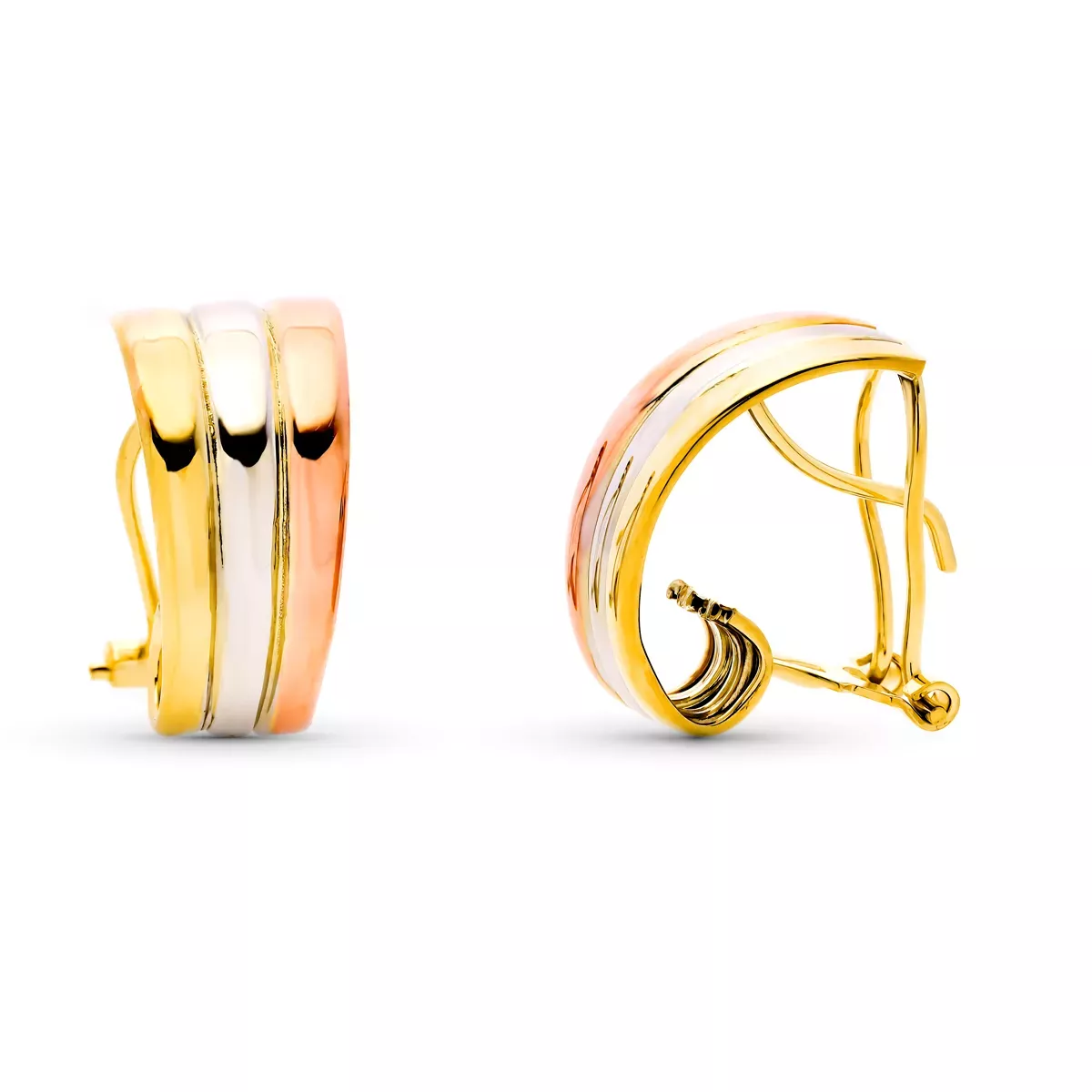 9K PENDIENTES ORO TRICOLOR BANDAS LISAS 18X9 MM CIERRE OMEGA 2