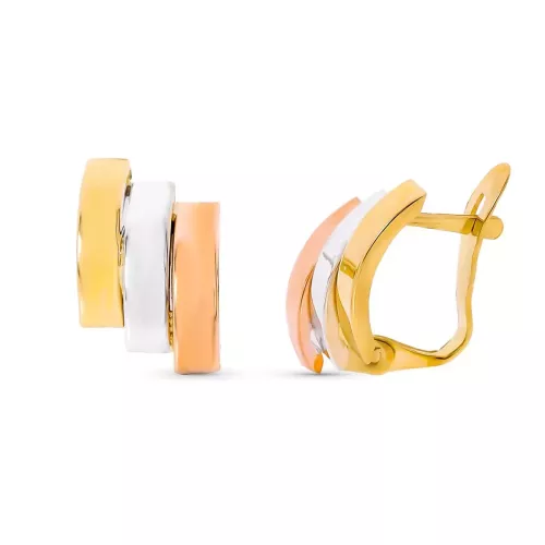 9K PENDIENTES ORO TRICOLOR BANDAS BRILLO 14X8 MM CIERRE CATALAN 1