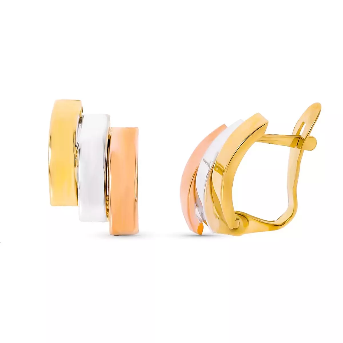 9K PENDIENTES ORO TRICOLOR BANDAS BRILLO 14X8 MM CIERRE CATALAN 1