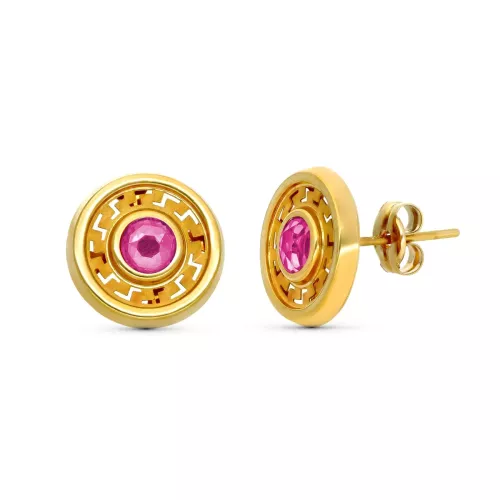 9K PENDIENTES ORO AMARILLO 11MM PIEDRA ROSA CIERRE PRESION 0