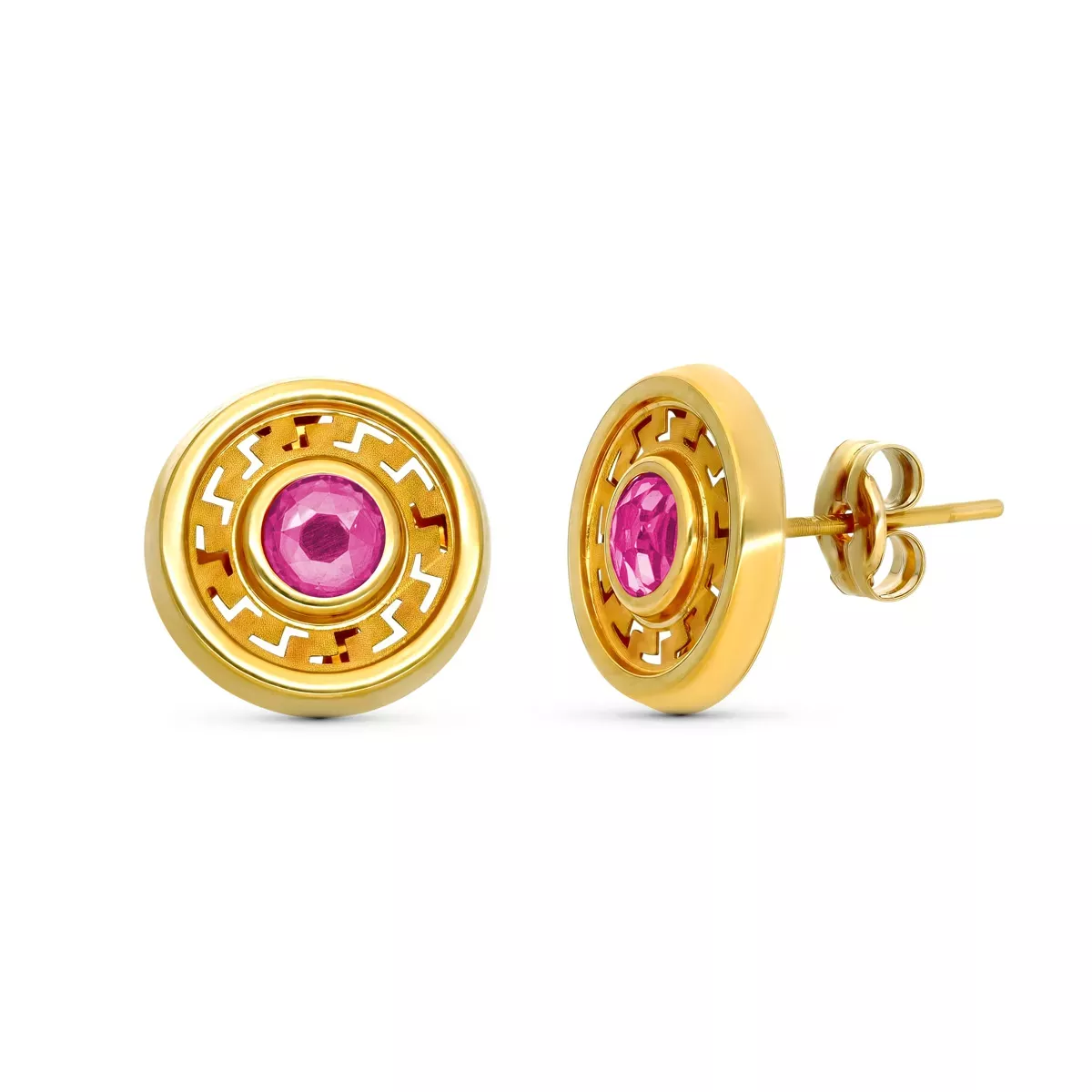 9K PENDIENTES ORO AMARILLO 11MM PIEDRA ROSA CIERRE PRESION 0