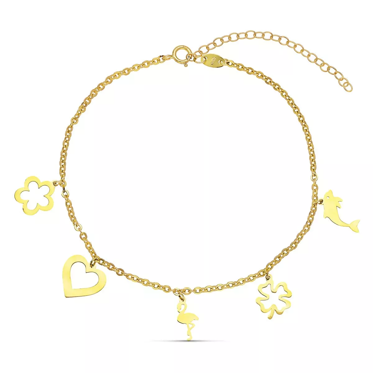 9K PULSERA TOBILLERA ORO AMARILLO DELFIN TREBOL FLAMENCO CORAZÓN FLOR CADENA 20-4 CM 1