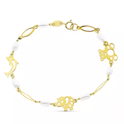 9K PULSERA ORO AMARILLO Y PERLA CON MOTIVOS ANIMALES 4.5 MM LARGO 16CM 1