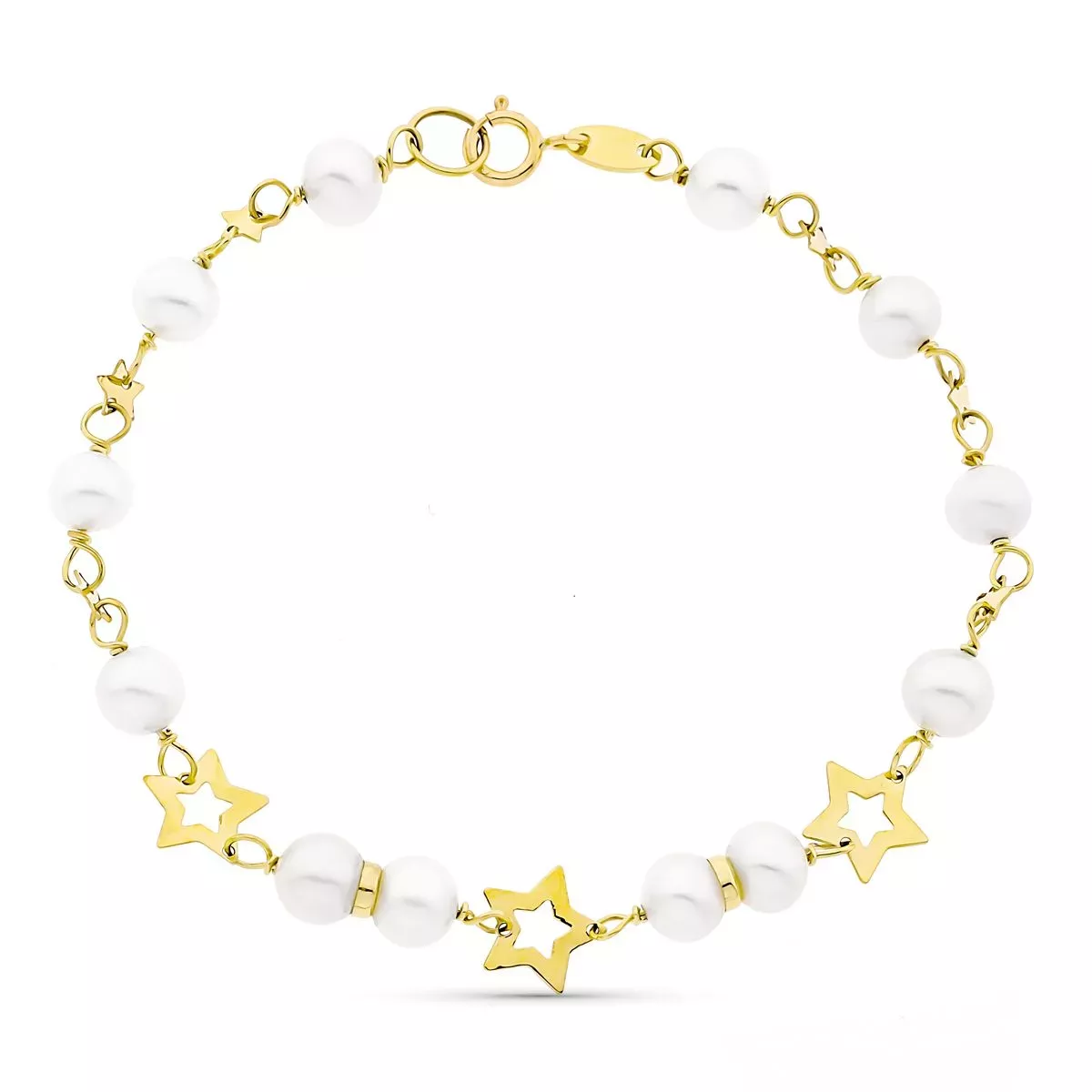 9K PULSERA ORO AMARILLO CON PERLA DE 5 MM Y ESTRELLAS CALADAS. 17CM 1