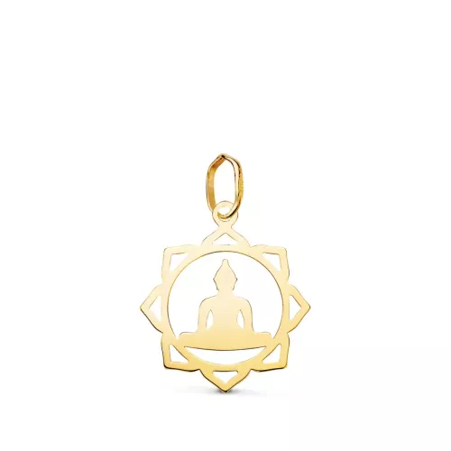 18K COLGANTE ORO AMARILLO BUDA CERCO CALADO EN BRILLO. MEDIDA: 18 X 15