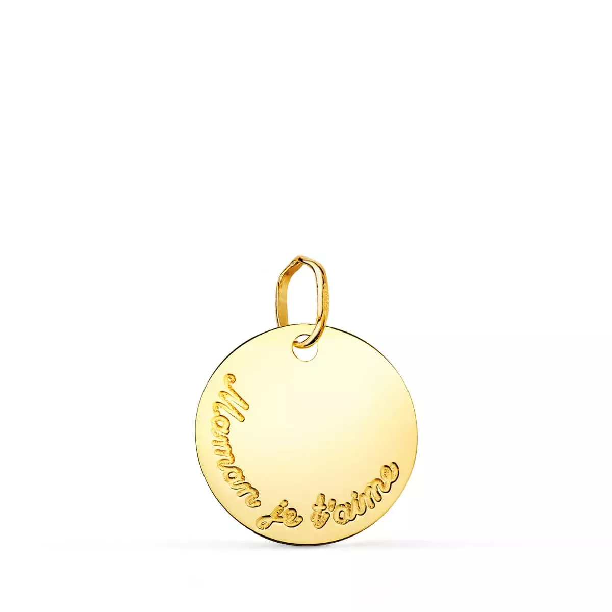 18K COLGANTE DISCO ORO AMARILLO BRILLO 15 MM MAMAN JE TAIME 0