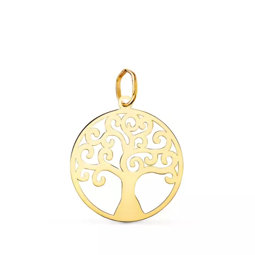 18K COLGANTE ORO AMARILLO REDONDO ARBOL DE LA VIDA EN BRILLO 20 MM 0