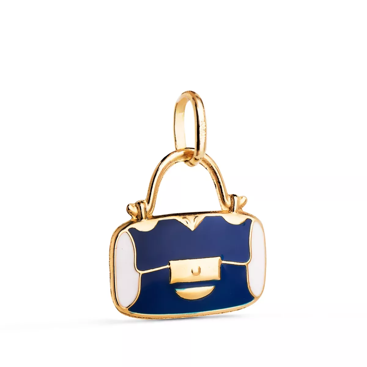 18K COLGANTE ORO AMARILLO BOLSO CON ESMALTE AZUL Y BLANCO. MEDIDA: 14 X 13 MM 0