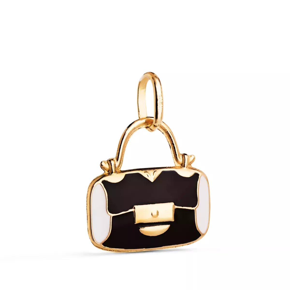 18K COLGANTE ORO AMARILLO BOLSO CON ESMALTE NEGRO Y BLANCO. MEDIDA: 14 X 13 MM 0