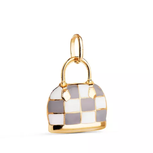 18K COLGANTE ORO AMARILLO BOLSO CON ESMALTE GRIS Y BLANCO. MEDIDA: 15 X 12