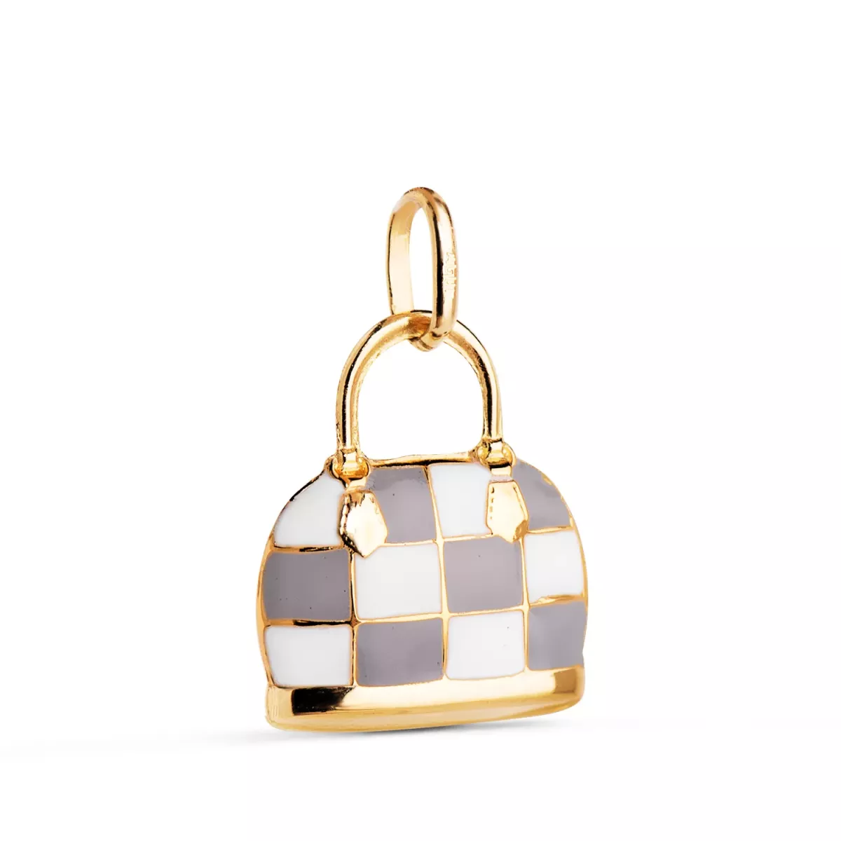 18K COLGANTE ORO AMARILLO BOLSO CON ESMALTE GRIS Y BLANCO. MEDIDA: 15 X 12