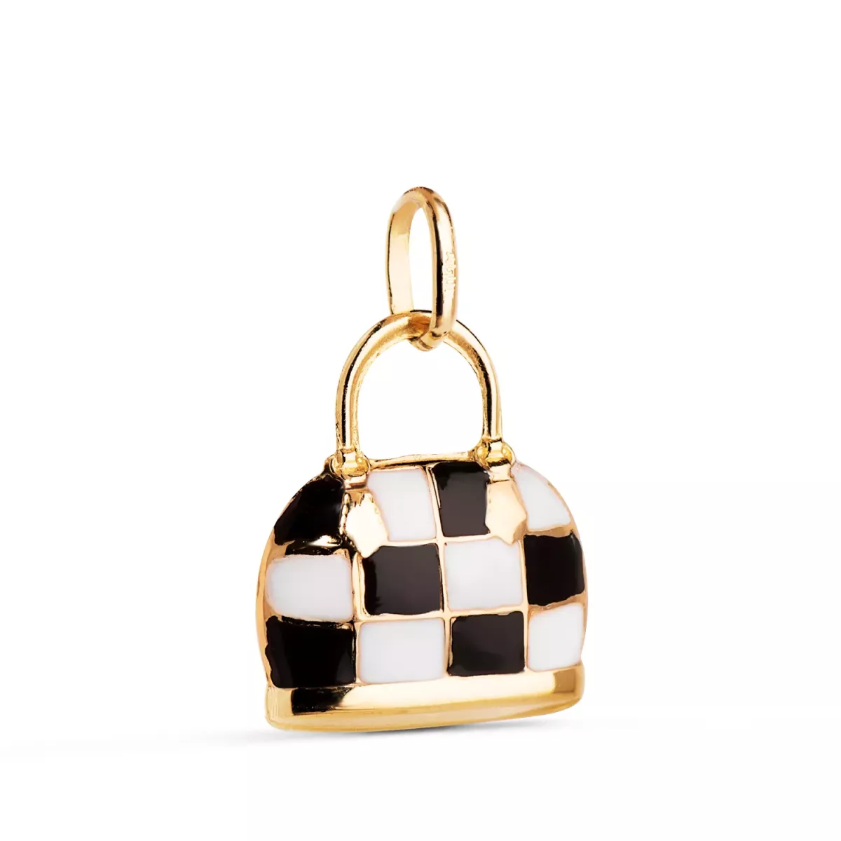 18K COLGANTE ORO AMARILLO BOLSO CON ESMALTE NEGRO Y BLANCO. MEDIDA: 15 X 12