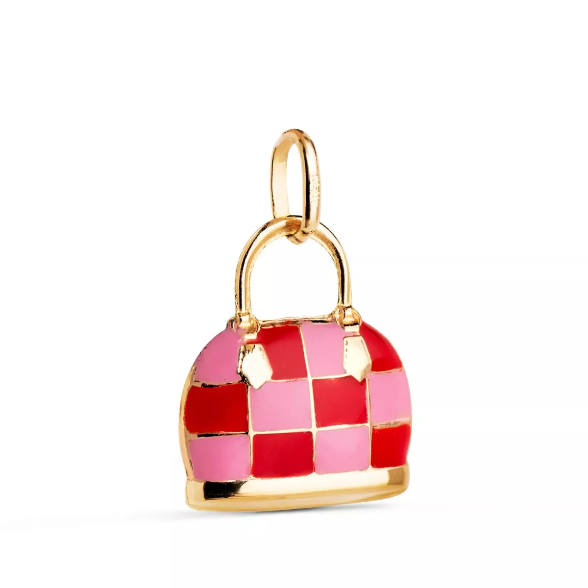 18K COLGANTE CHARM ORO AMARILLO BOLSO CON ESMALTE ROJO Y ROSA. MEDIDA: 15 X 12