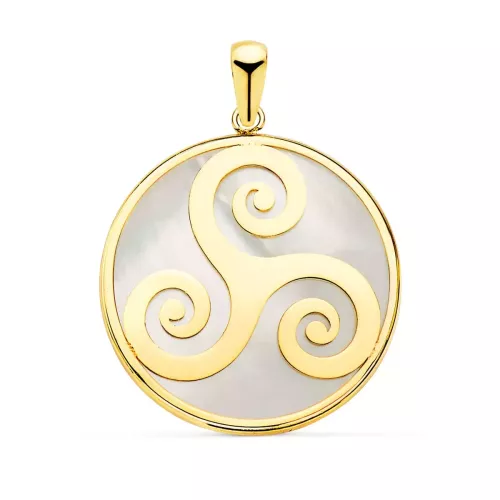 18K COLGANTE ORO AMARILLO Y NACAR SIMBOLO CELTA TRISQUEL 20 MM 1