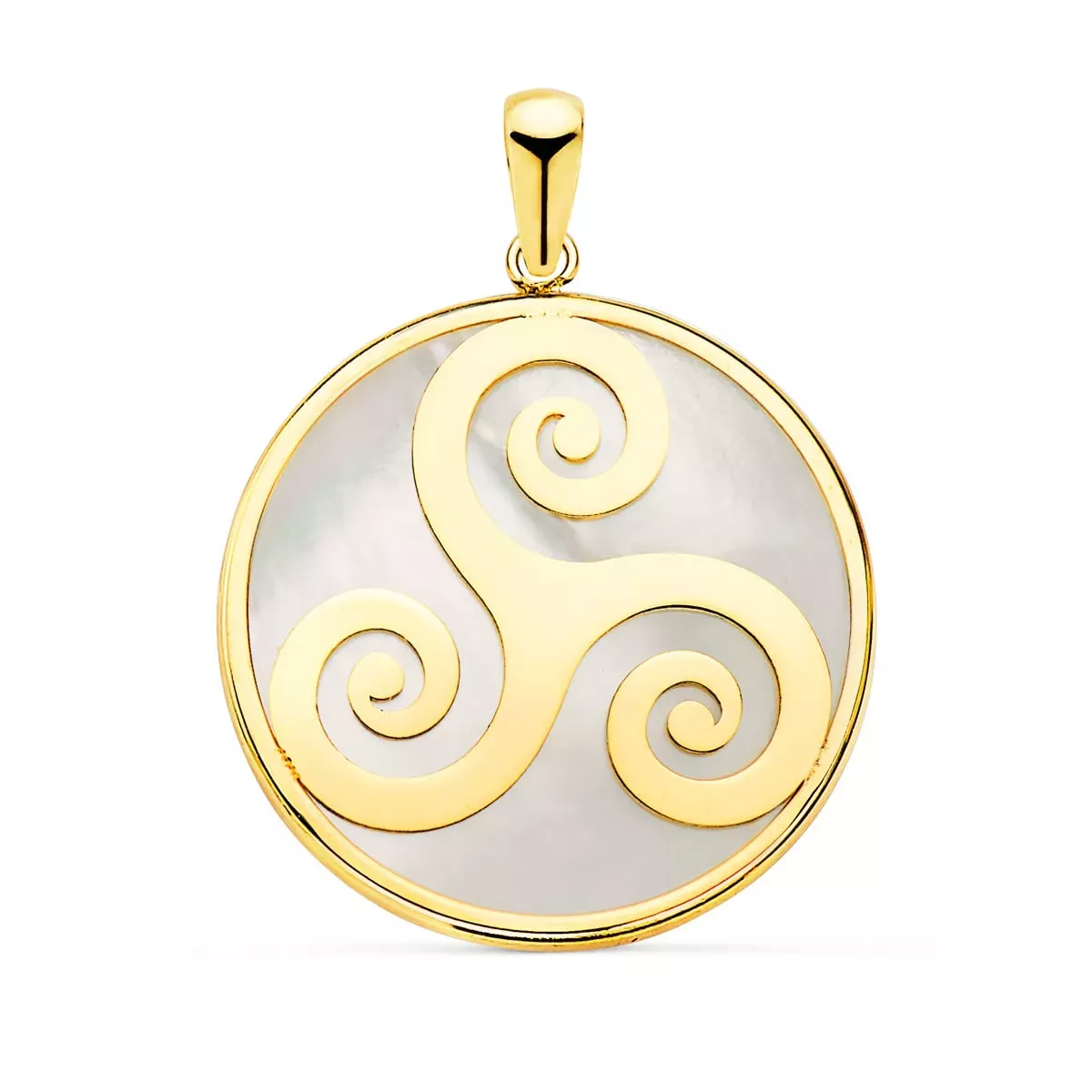 18K COLGANTE ORO AMARILLO Y NACAR SIMBOLO CELTA TRISQUEL 20 MM 1