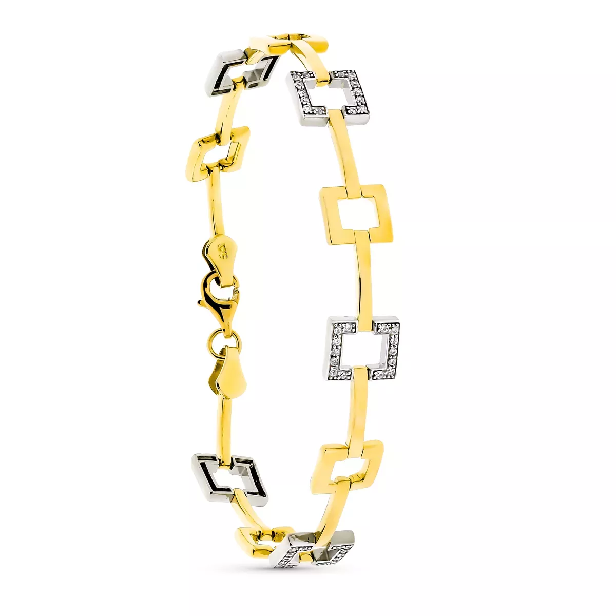 9K PULSERA ORO BICOLOR CUADRADOS CON CIRCONITA 19CM 6