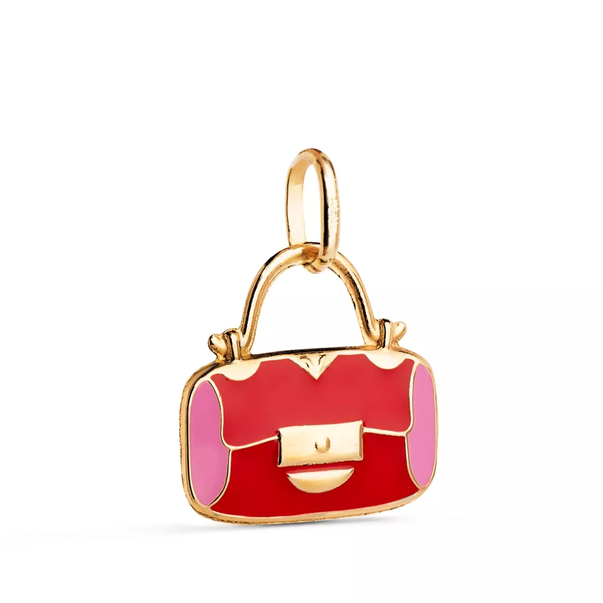 18K COLGANTE ORO AMARILLO BOLSO CON ESMALTE ROSA Y ROJO. MEDIDA: 14 X 13 MM 0