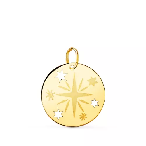 18K COLGANTE ORO AMARILLO REDONDO ROSA DE LOS VIENTOS GRABADA EN BRILLO 18 MM 1