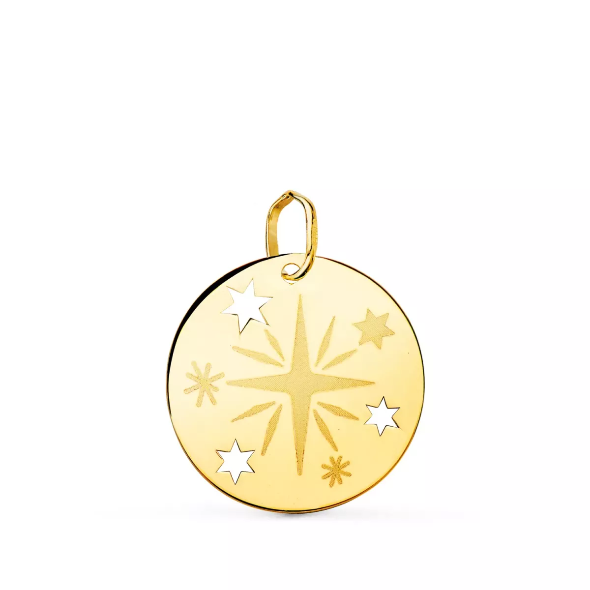 18K COLGANTE ORO AMARILLO REDONDO ROSA DE LOS VIENTOS GRABADA EN BRILLO 18 MM 1