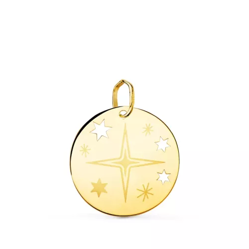 18K COLGANTE ORO AMARILLO REDONDO ROSA DE LOS VIENTOS GRABADA EN BRILLO 18 MM 1