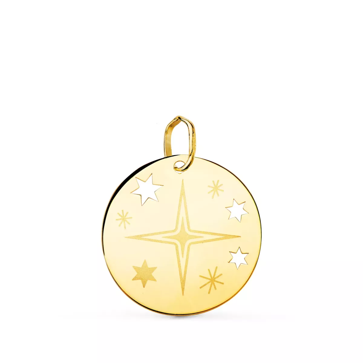 18K COLGANTE ORO AMARILLO REDONDO ROSA DE LOS VIENTOS GRABADA EN BRILLO 18 MM 1