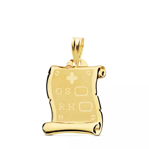18K PLACA CHAPA COLGANTE PERGAMINO ORO AMARILLO BRILLO GRUPO SANGUINEO RH MATE 18X14 MM 1