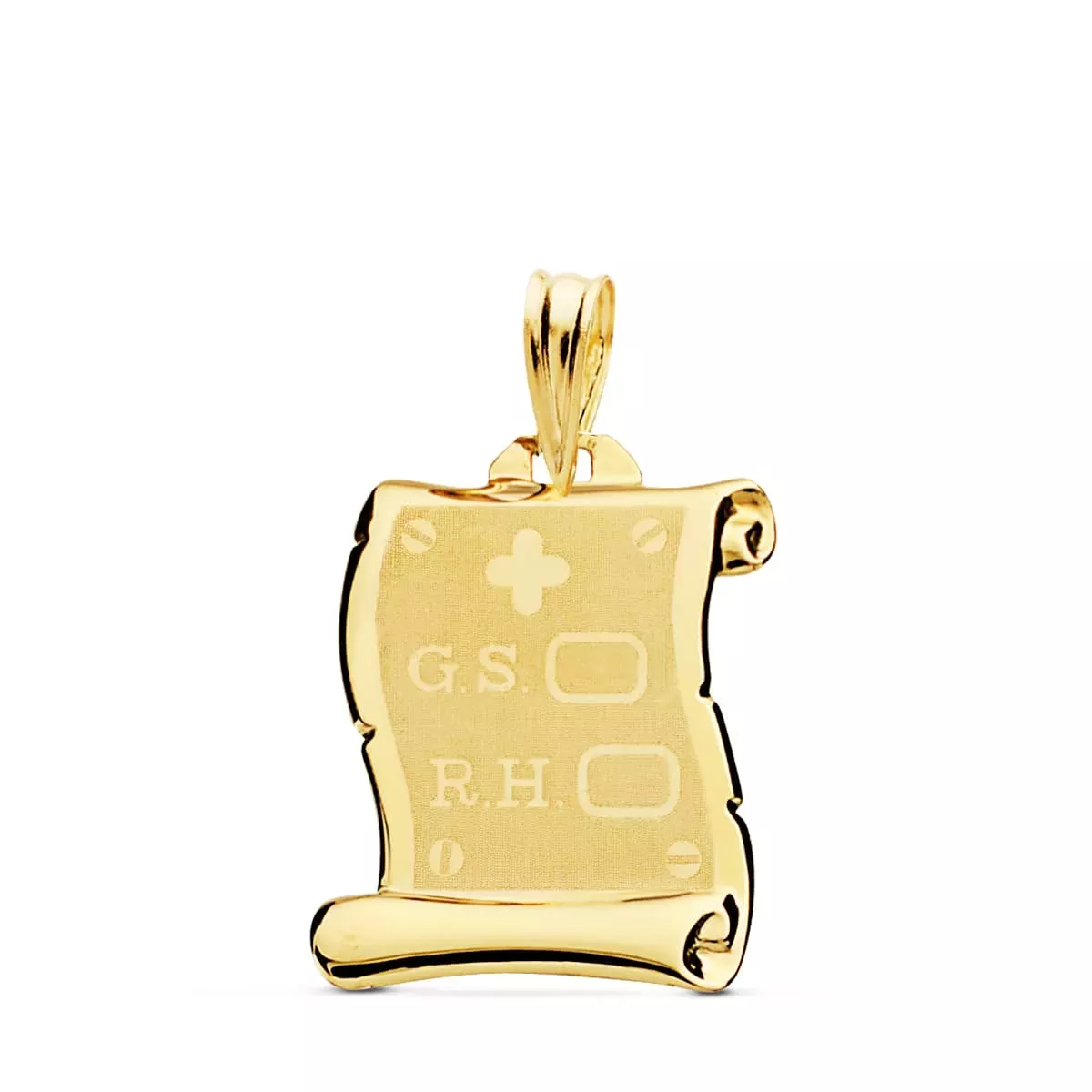 18K PLACA CHAPA COLGANTE PERGAMINO ORO AMARILLO BRILLO GRUPO SANGUINEO RH MATE 18X14 MM 1