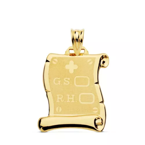 18K PLACA CHAPA COLGANTE PERGAMINO ORO AMARILLO BRILLO RH GRUPO SANGUINEO MATE 22X19 MM 1