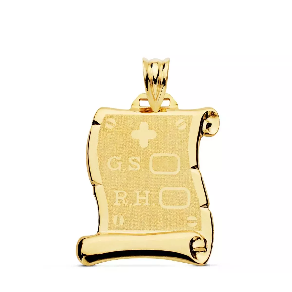 18K PLACA CHAPA COLGANTE PERGAMINO ORO AMARILLO BRILLO RH GRUPO SANGUINEO MATE 22X19 MM 1