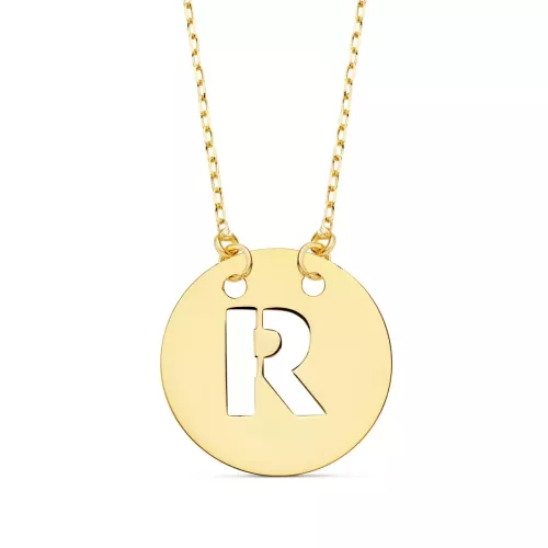 18K COLGANTE ORO AMARILLO LETRA " R " 15 MM CADENA FORZADA 42CM 1
