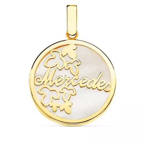 18K COLGANTE ORO AMARILLO CON NACAR PERSONALIZADO FLORES Y NOMBRE. 20 MM 1