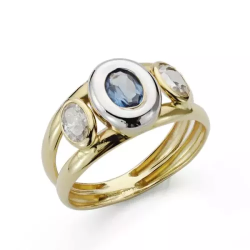 9K SORTIJA ORO BICOLOR PIEDRA DOBLE CUERPO CON CIRCONITA AGUAMARINA OVAL EN BOCEL. ANCHO: 10 MM 1