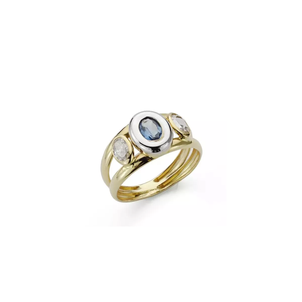 9K SORTIJA ORO BICOLOR PIEDRA DOBLE CUERPO CON CIRCONITA AGUAMARINA OVAL EN BOCEL. ANCHO: 10 MM 1