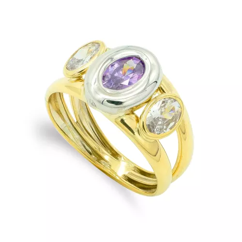 9K SORTIJA ORO BICOLOR PIEDRA DOBLE CUERPO CON CIRCONITA AMATISTA OVAL EN BOCEL. ANCHO: 10 MM 1