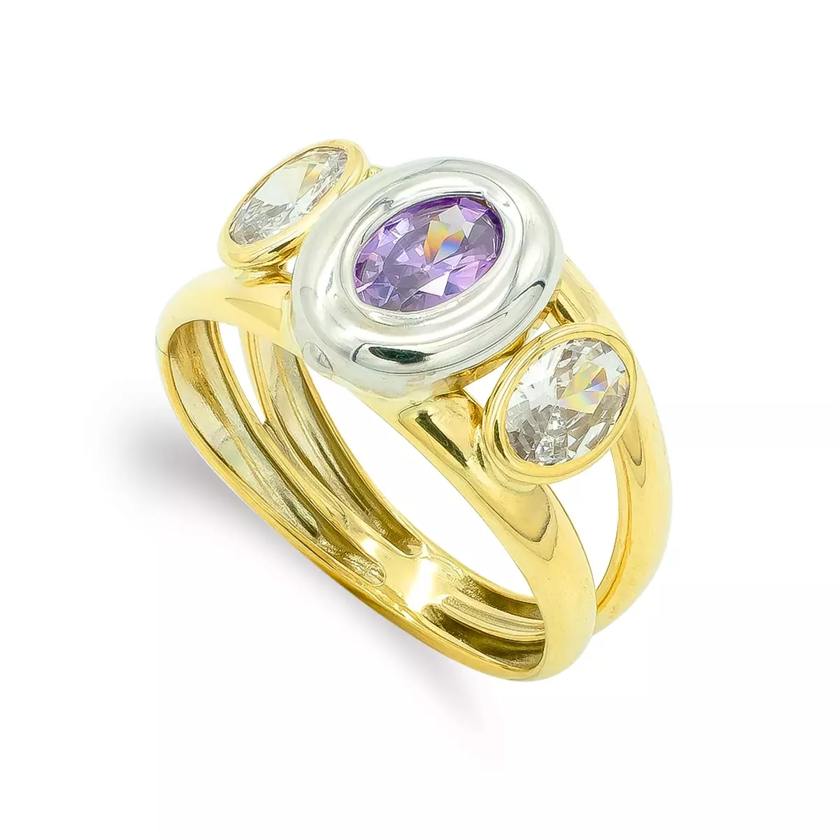 9K SORTIJA ORO BICOLOR PIEDRA DOBLE CUERPO CON CIRCONITA AMATISTA OVAL EN BOCEL. ANCHO: 10 MM 1